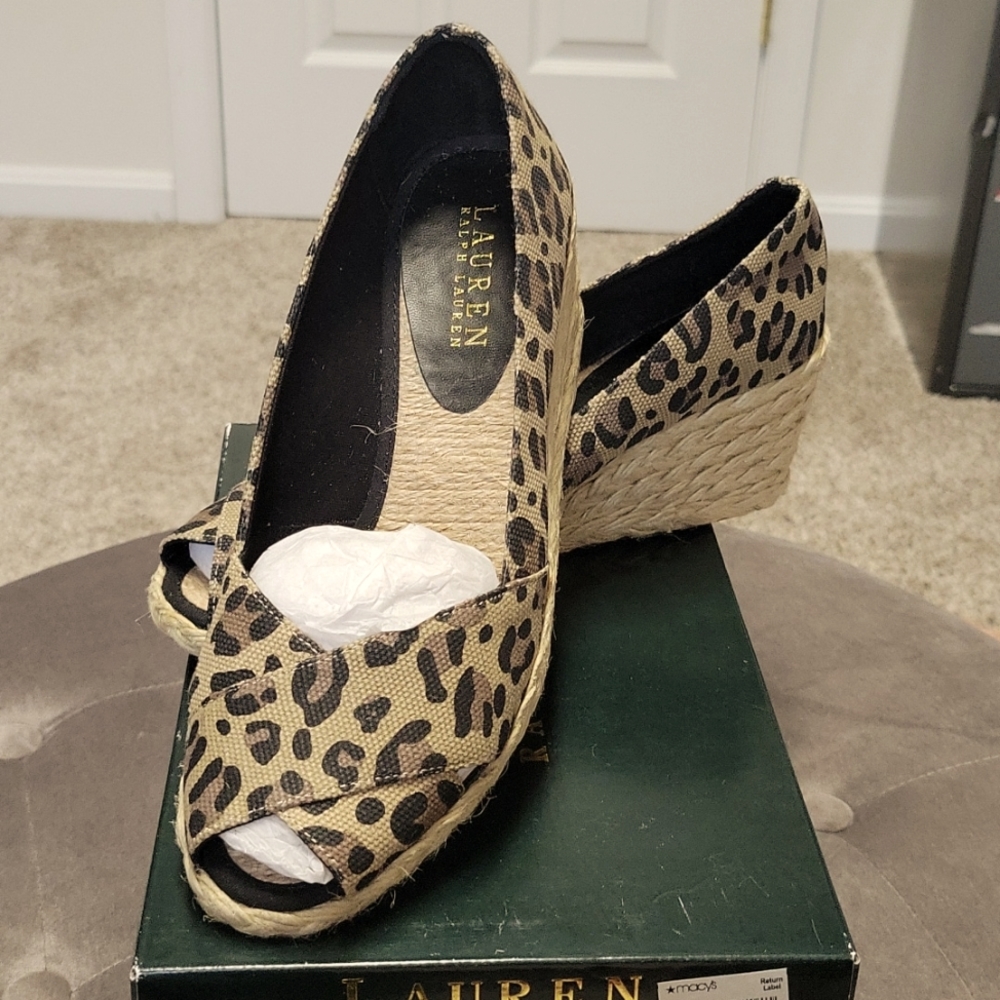 Ralph Lauren Cheetah Burlap Wedge Sandals